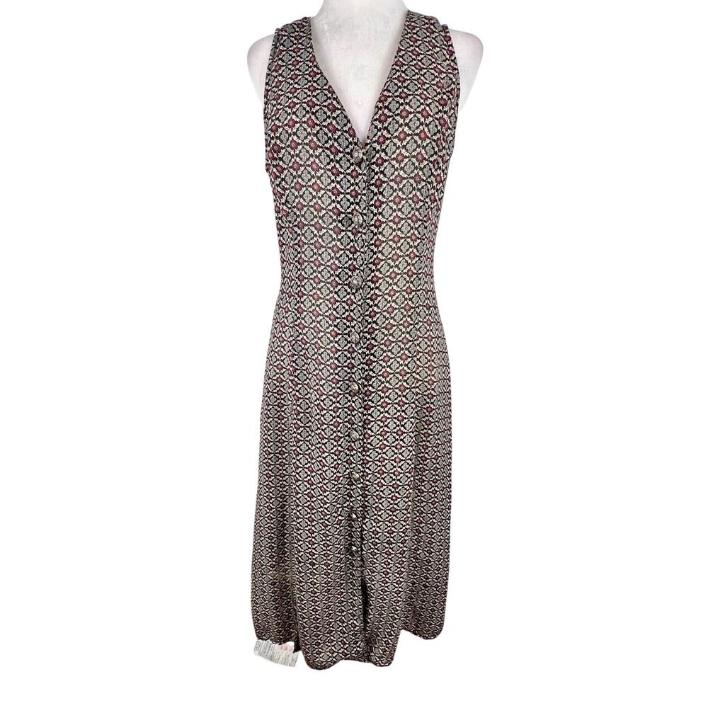 Vintage 70s Maxi Dress Size Small Black Burgundy Button Front Boho Indie Retro